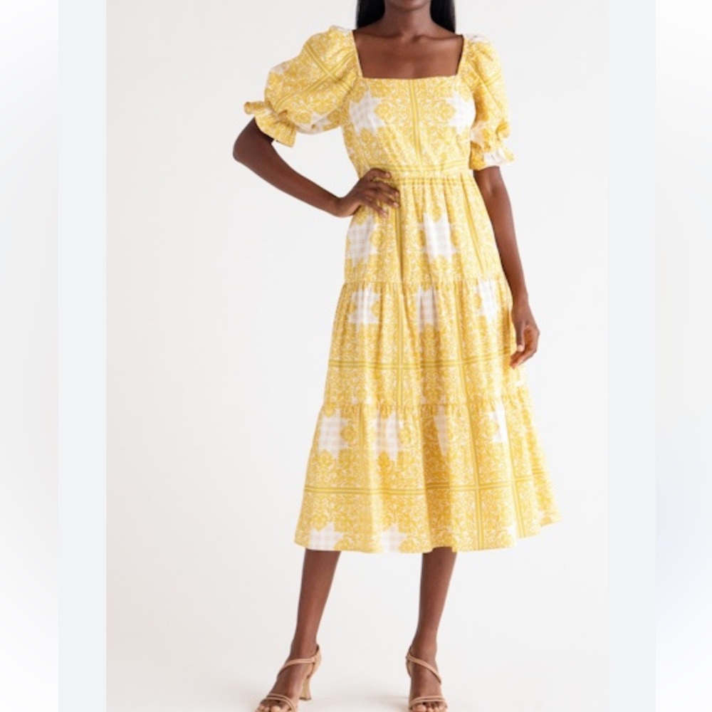 Du Paradis Floral Print Cotton Midi Dress In Marigold Medallion Size XL